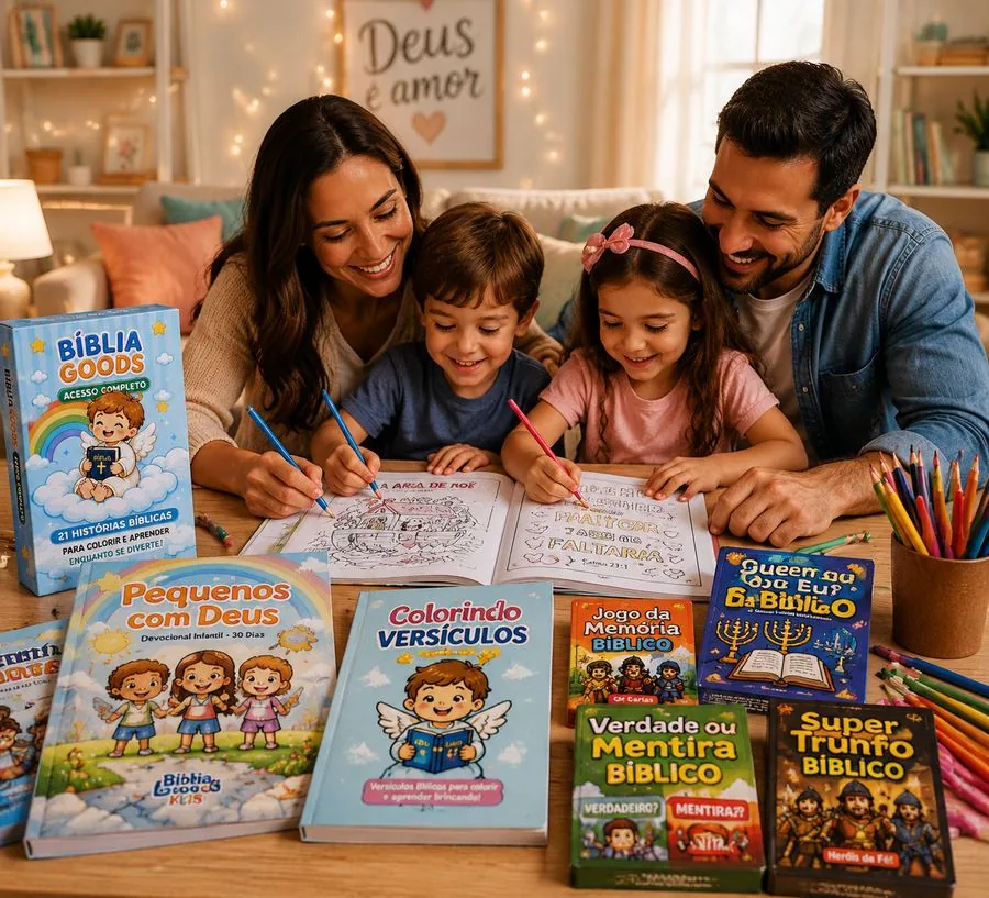 Família colorindo os livrinhos do Bíblia Goods juntos, pais e filhos reunidos à mesa