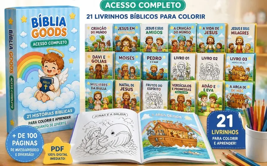 Kit Bíblia Goods - caixa, 21 livrinhos bíblicos para colorir e livro aberto com desenho da Arca de Noé